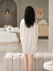 Solid Buttons Nightdress Long Sleeve V Neck Sleep Dress Women's Sleepwear