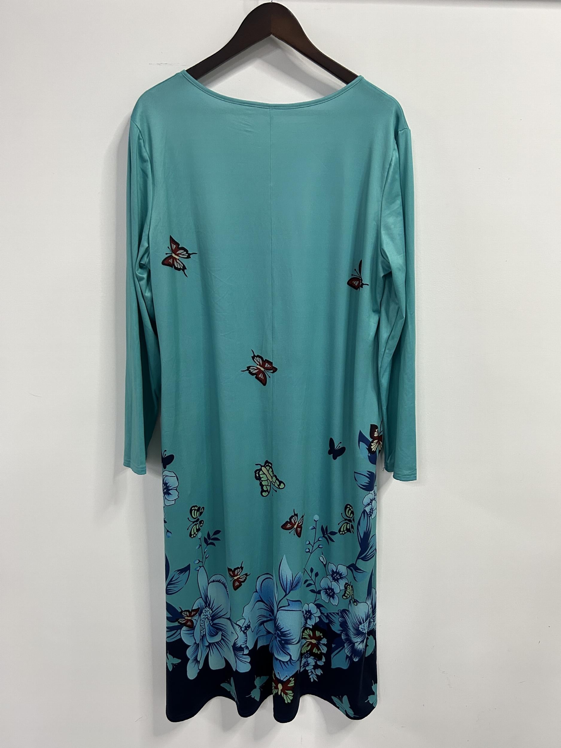 Women's Plus Butterfly & Floral Print Button Notched Neck Dress
