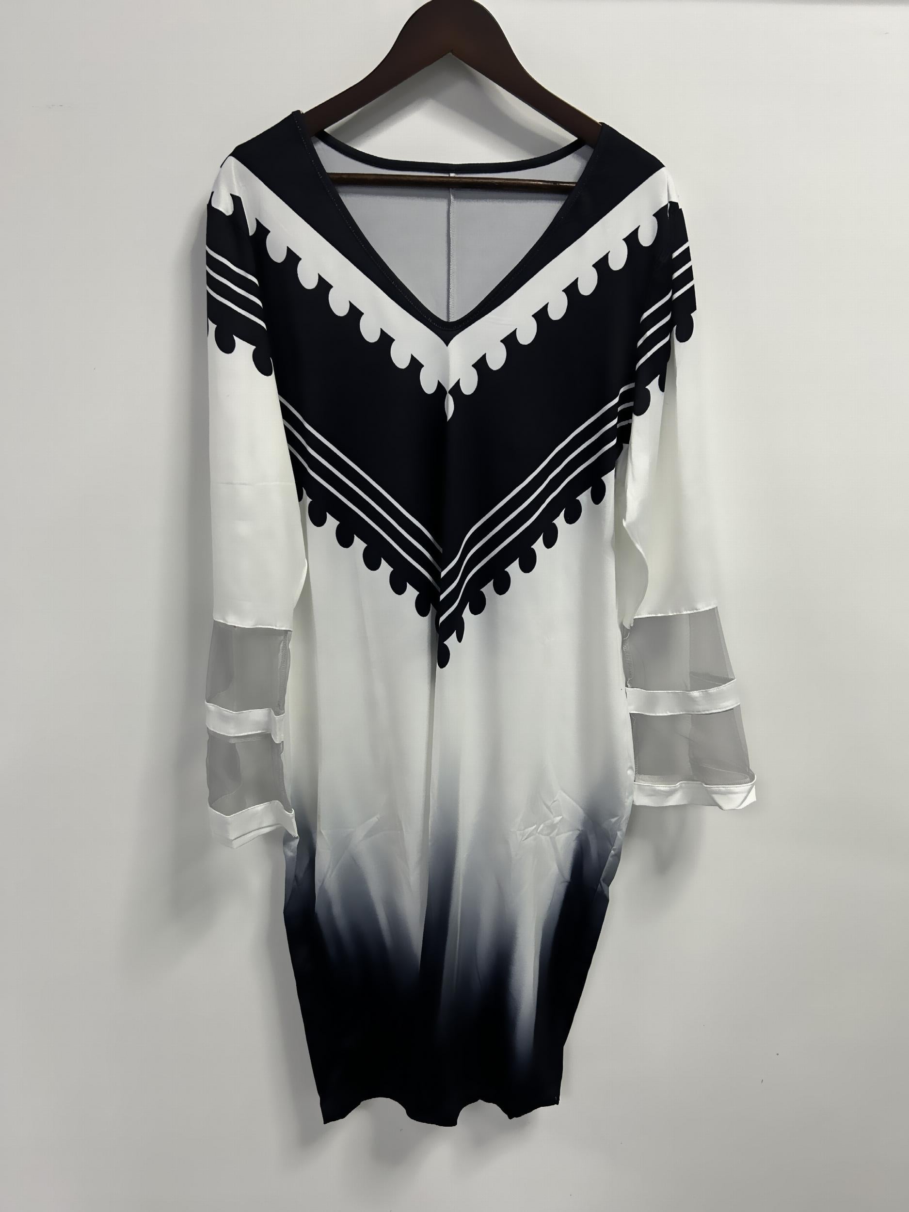  Colorblock Ombre Print Mesh Sleeve V Neck Fit Dress
