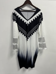  Colorblock Ombre Print Mesh Sleeve V Neck Fit Dress