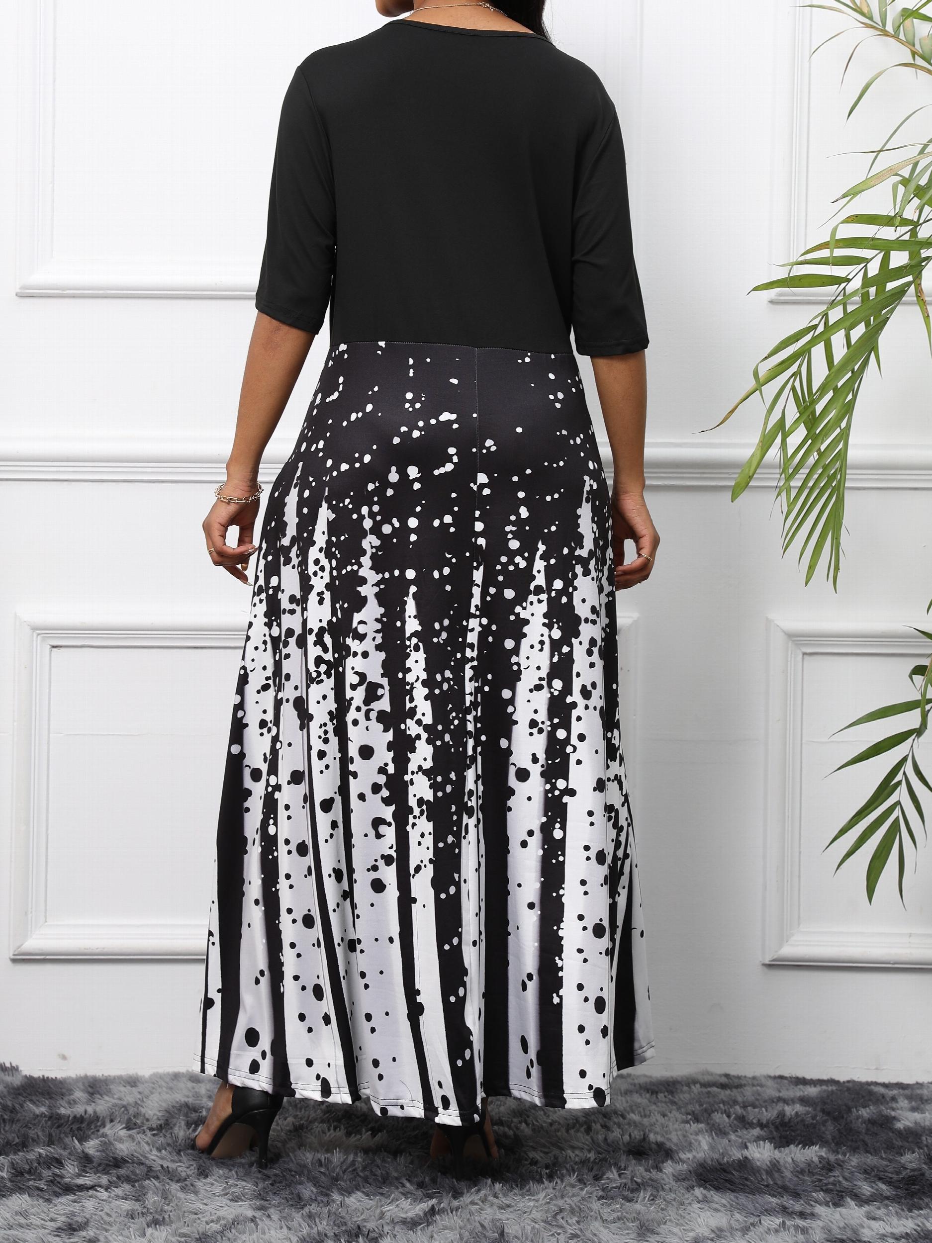  Colorblock Print Maxi Dress With Pockets