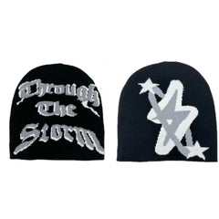 Y2K Beanie Cap Hats with Candy Gothic Letter & Lightning Pattern Unisex