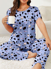  Cow & Letter Print Pajama Set Short Sleeve Tee & Pants Two Piece