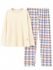  Casual Pajamas Set Women's Soft Tee & Plaid Pants 2pcs Set