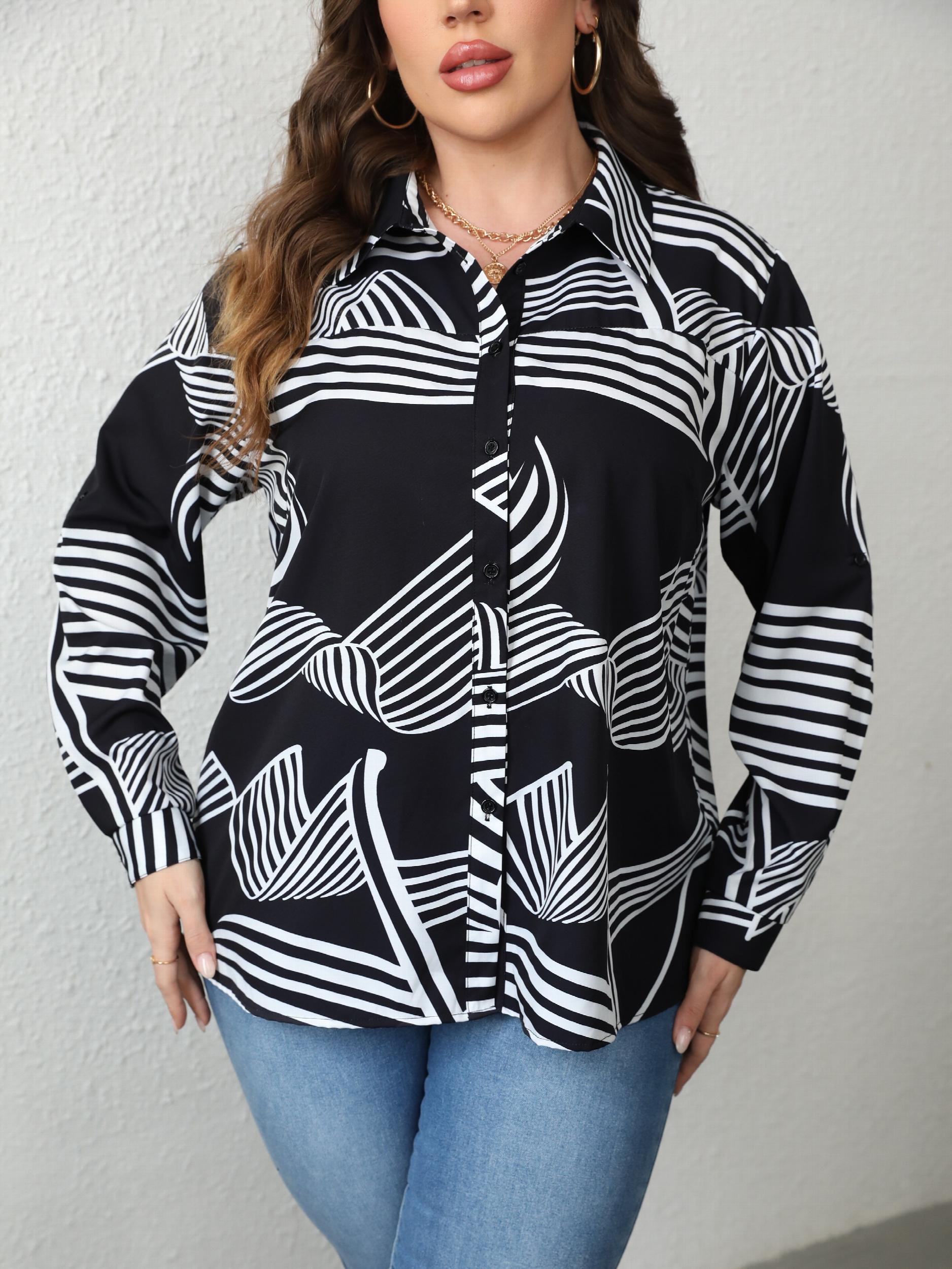  Abstract Stripe Print Button Up Blouse