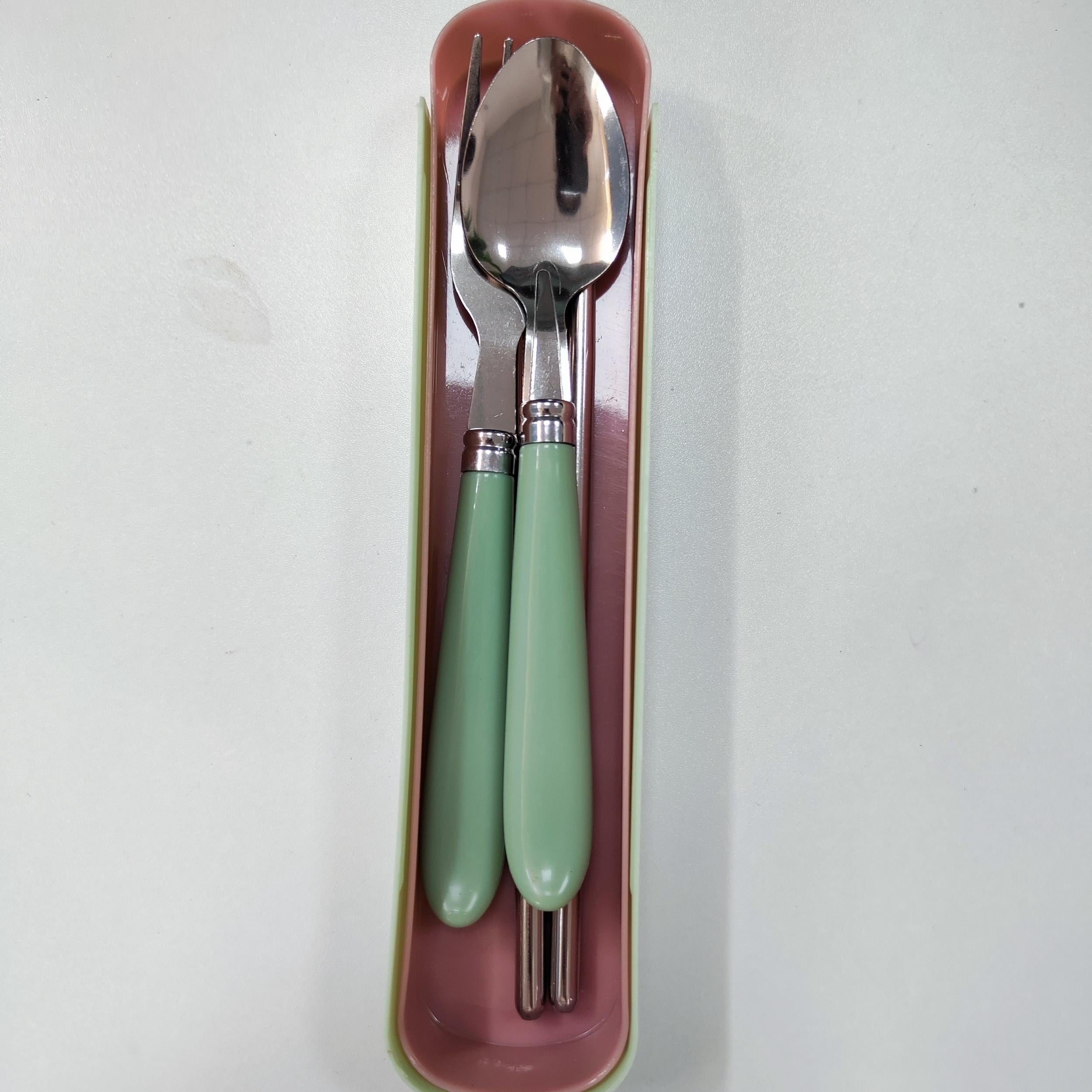 3pcs Stainless Steel Tableware Spork Chopsticks Set with Storage Box