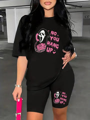  Skull & Slogan Print Top & Shorts Set