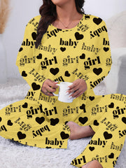  Heart & Letter Print Pajamas Set Long Sleeve Tee & Pants Lounge 2 Piec