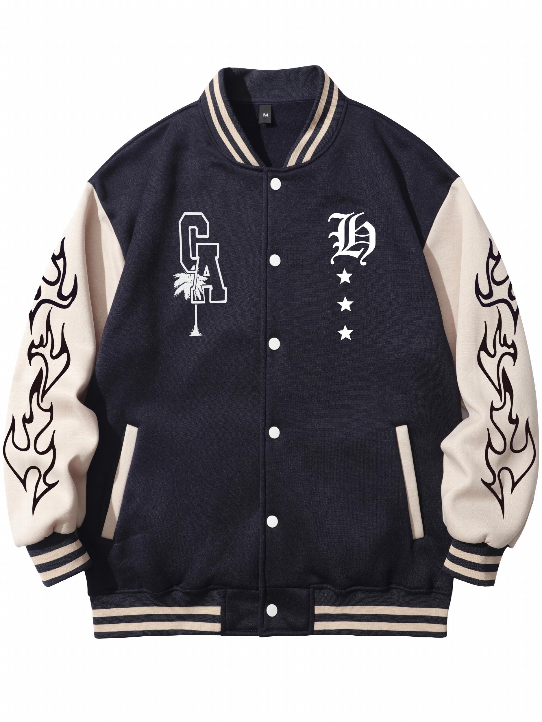 Men's Star Embroidery Varsity Jacket, Spring Fall School Baseball