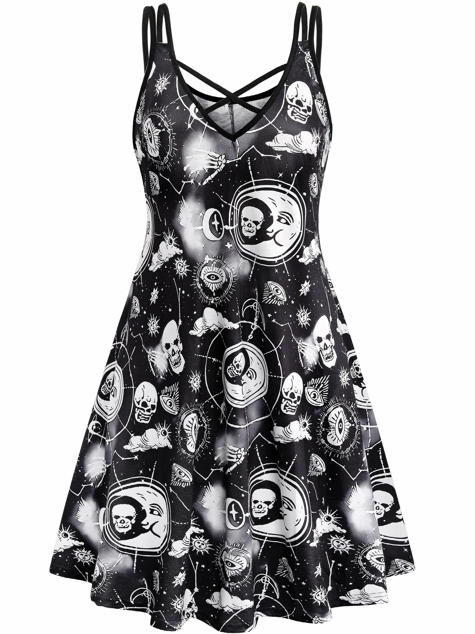  Gothic Dress Women's Plus Skull & Moon Print Criss Cross V Neck Dress