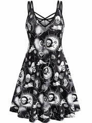  Gothic Dress Women's Plus Skull & Moon Print Criss Cross V Neck Dress
