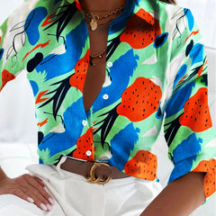 Abstract Print Plus Size Blouse Long Sleeve Button Up Shirt