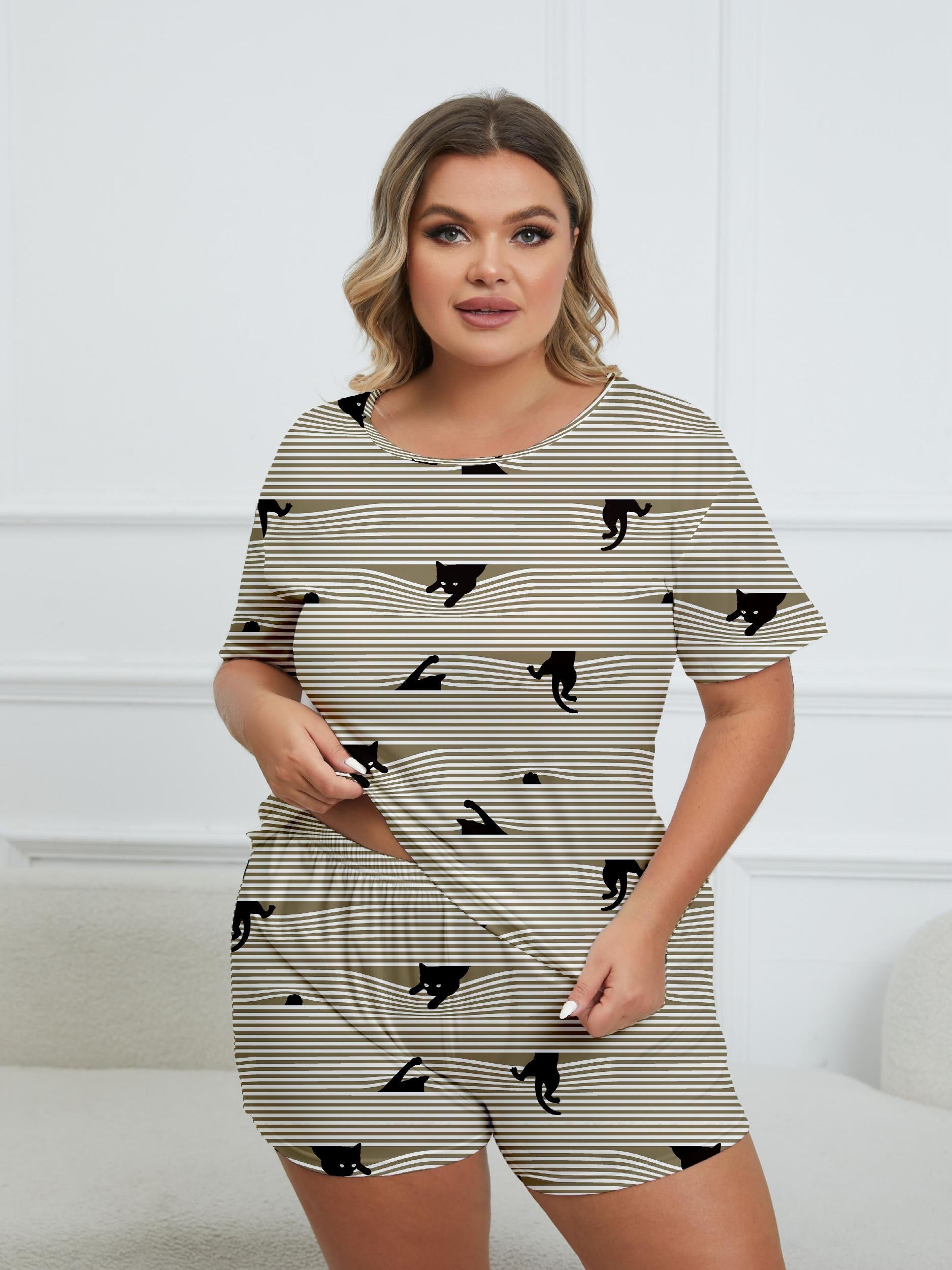  Cat & Stripe Print Pajama Set Round Neck Top & Shorts Two Piece