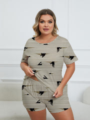  Cat & Stripe Print Pajama Set Round Neck Top & Shorts Two Piece
