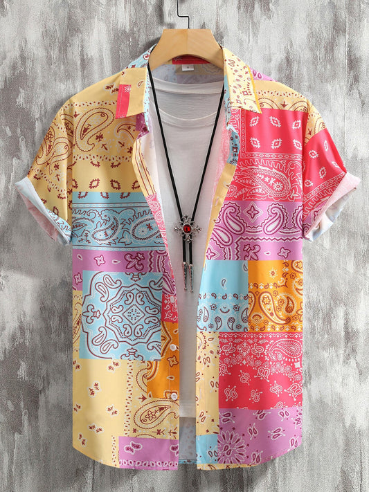Mens Hawaiian Shirt Paisley Print for Summer Vacation