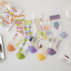 Floral Print Mesh Stitching Mid Tube Socks: 5 Pairs