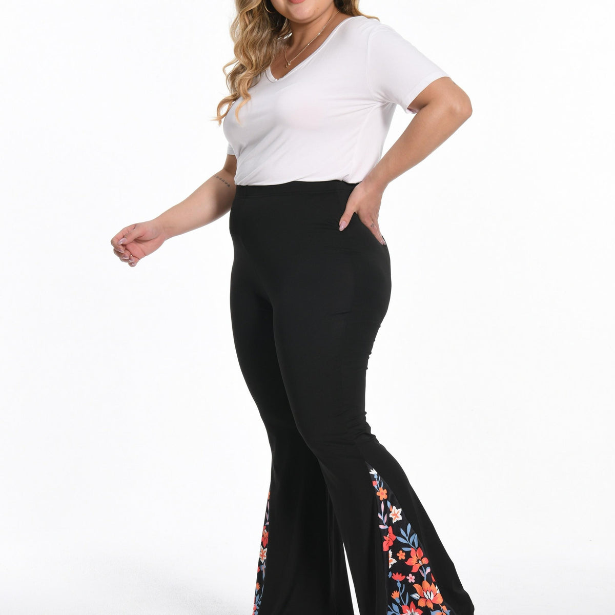  Colorblock Floral Print High Rise Flared Leg Pants
