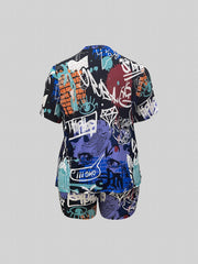  Graffiti Print Top & Shorts Set