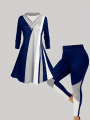 Plus Size Colorblock V Neck Top & Leggings Set