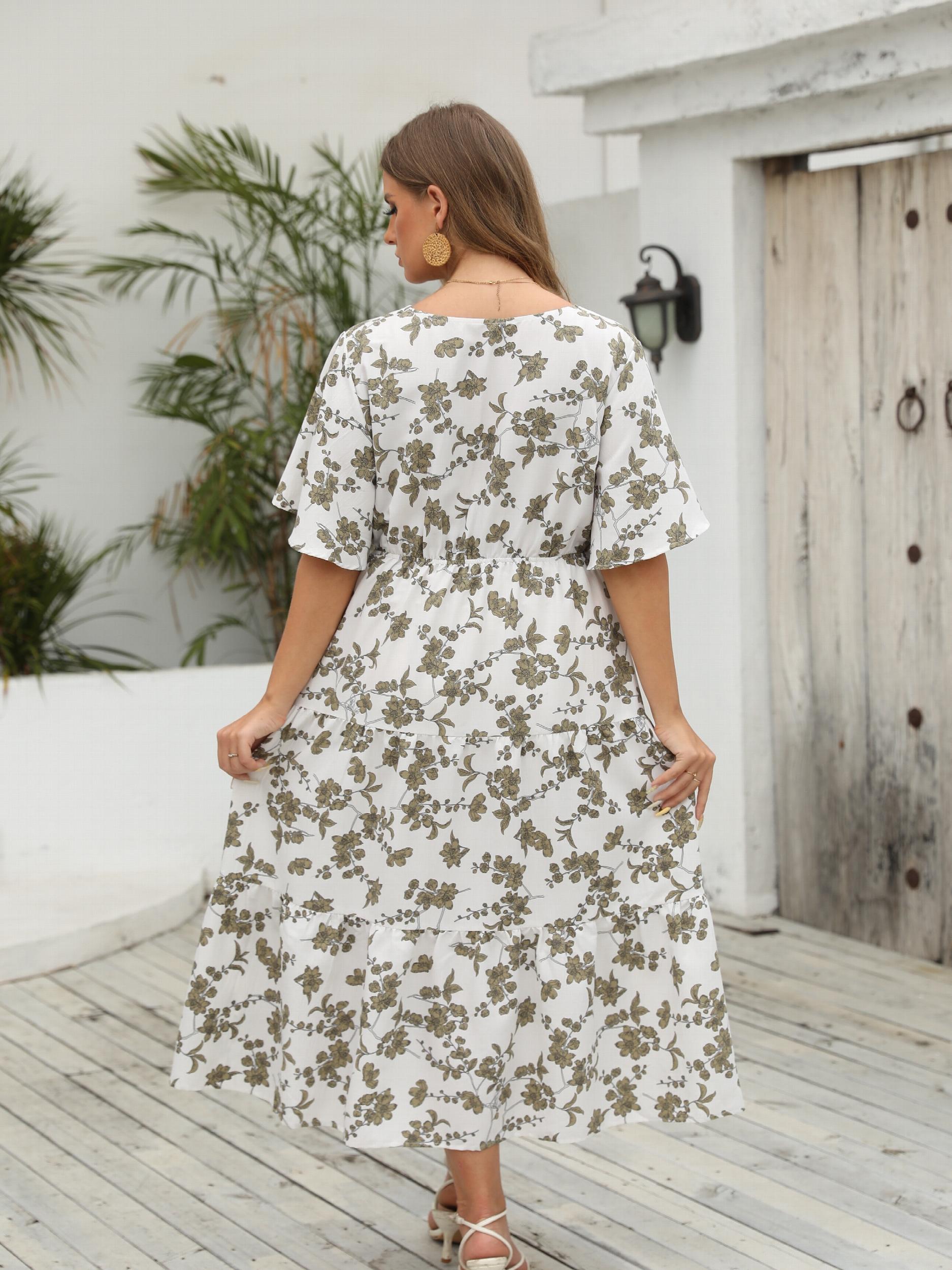  Floral Print V Neck Maxi Smock Dress