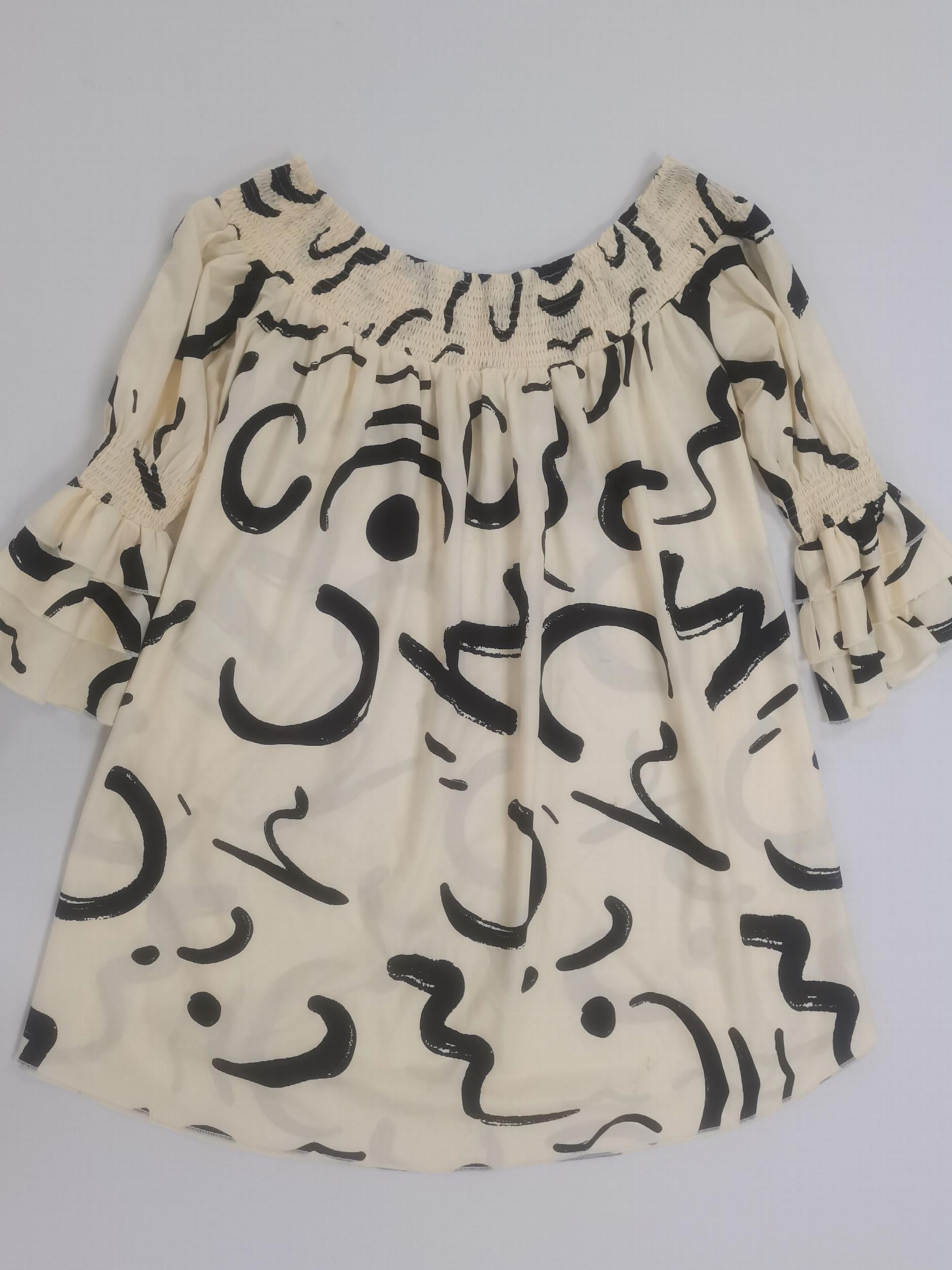  Geometric Print Off Shoulder Ruffle Midi Dress