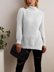 Oversized Turtleneck Sweater with Side Slit - Women's Clothing