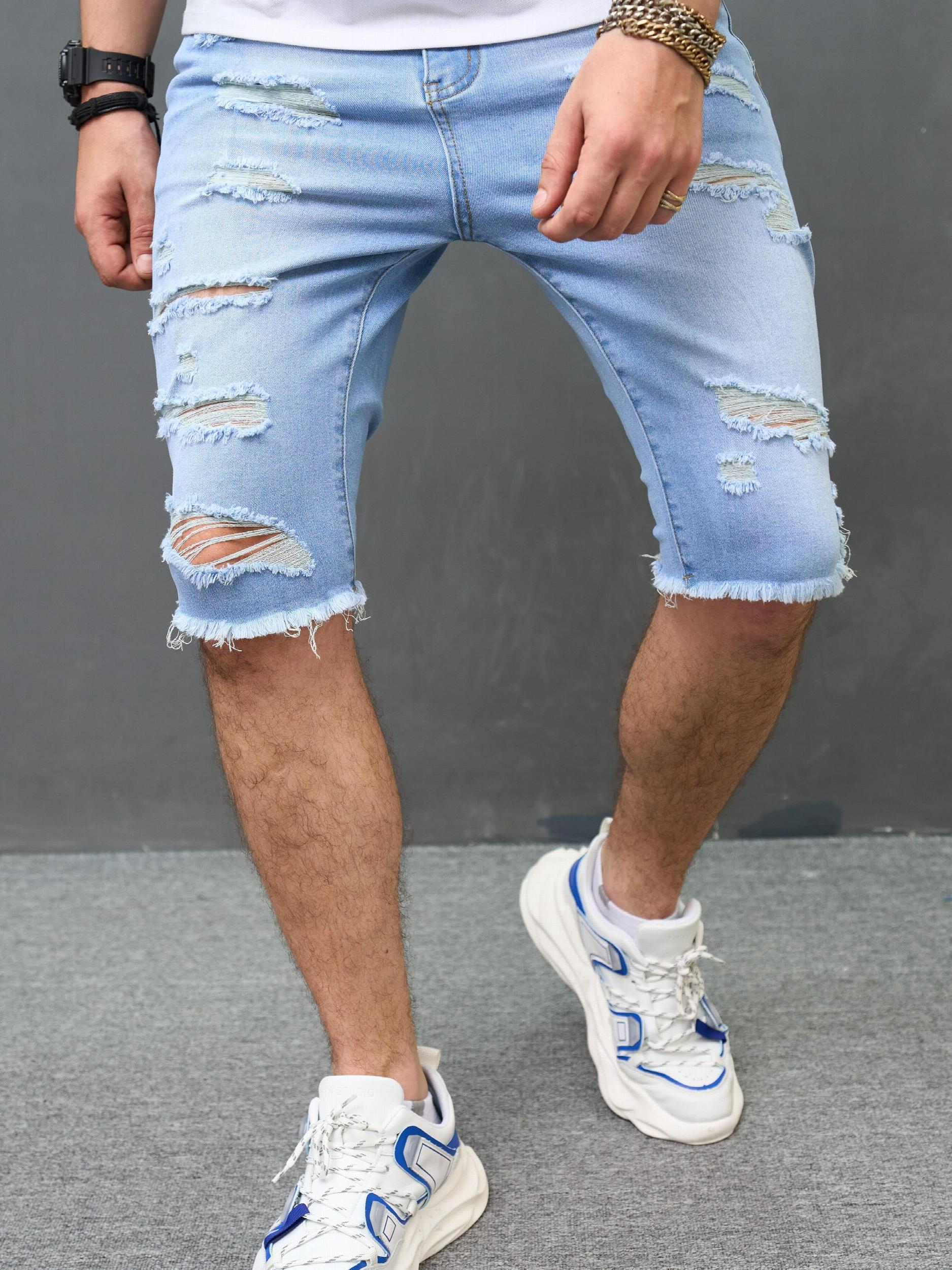 Men's Ripped Denim Shorts Casual Street Style Distressed Stretch Denim