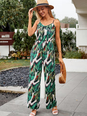 Boho Leaves Print Wide Leg Jumpsuit for Women