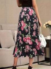  Floral Print Elastic High Rise Pleated Maxi Skirt