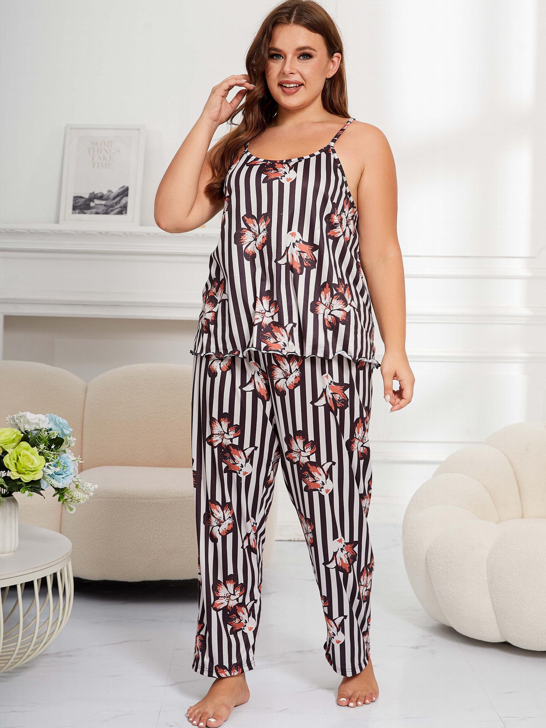  Striped & Floral Print Cami Top & Pants Lounge Set