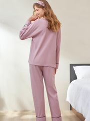 Solid Pajama Set Long Sleeve V Neck Top & Elastic Waistband Pants