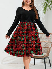  Colorblock Floral Print Scallop Trim Dress