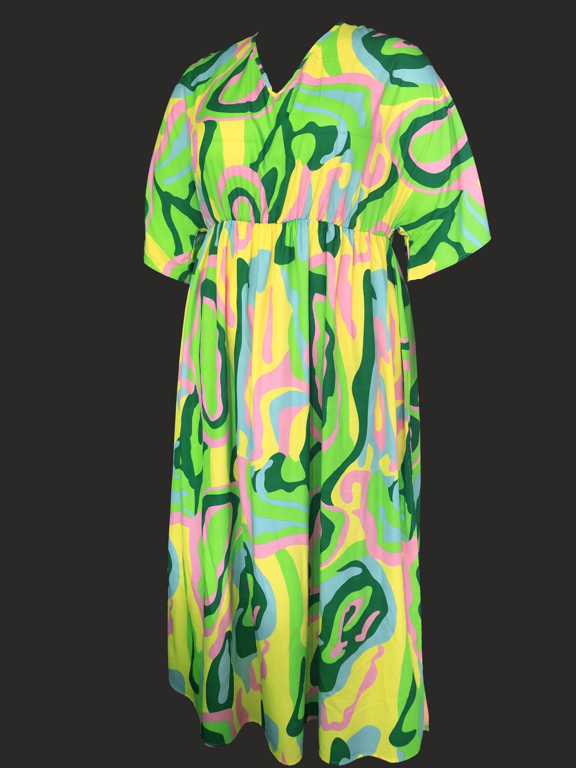  Maxi Dress - Stripe Print Batwing Sleeve V Neck Tie Back