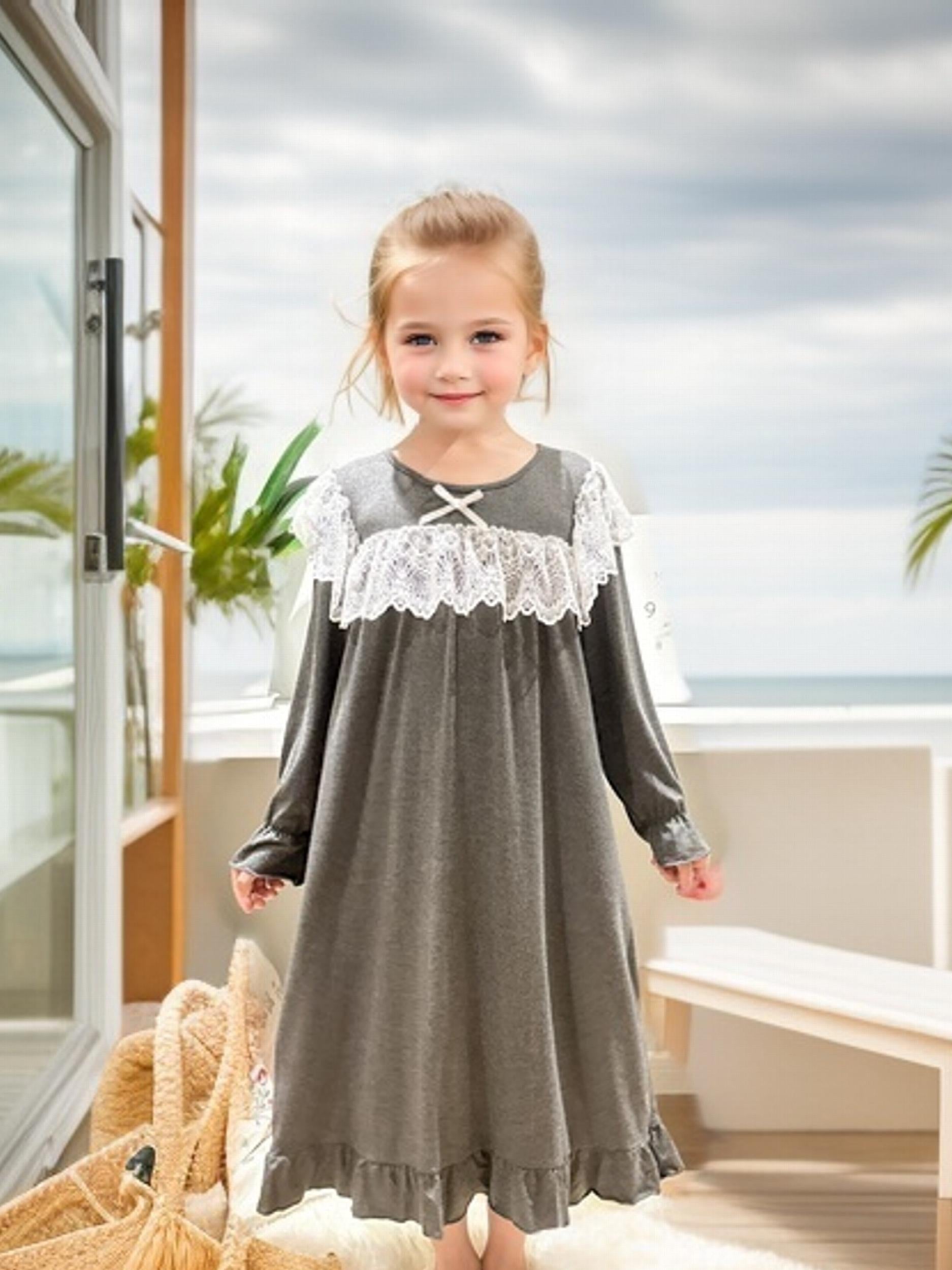 Girls Nightdress Long Sleeve Round Neck Princess Dress Lace Bow Decor