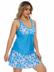  Floral Print Tankini Set Women's Lace Up Top & Skirt Swimsuit