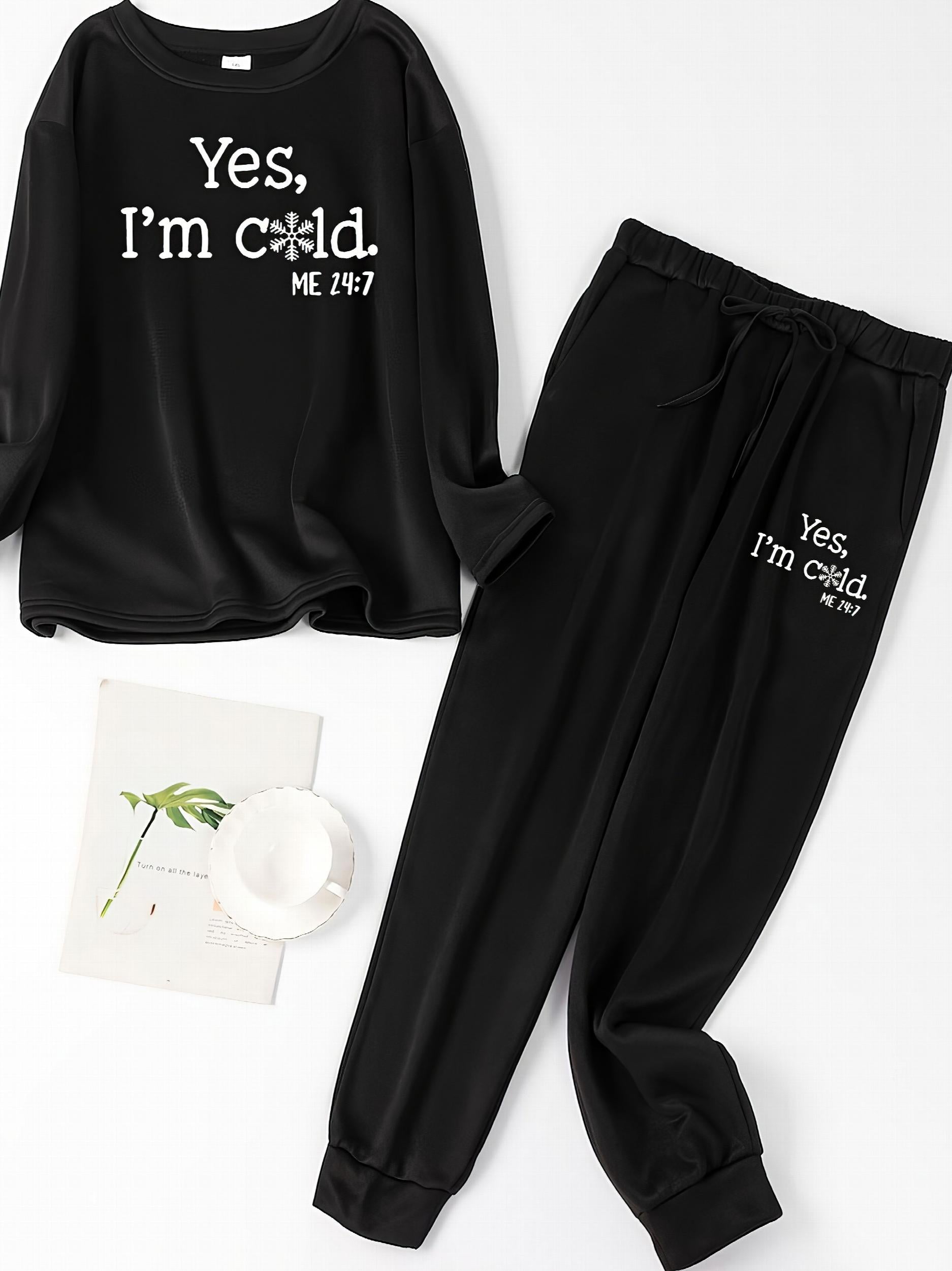  Snowflake Slogan Print Lounge Set