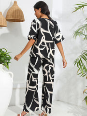 Abstract Print 2pc Set V Neck Half Sleeve Tops & Wide Leg Pants