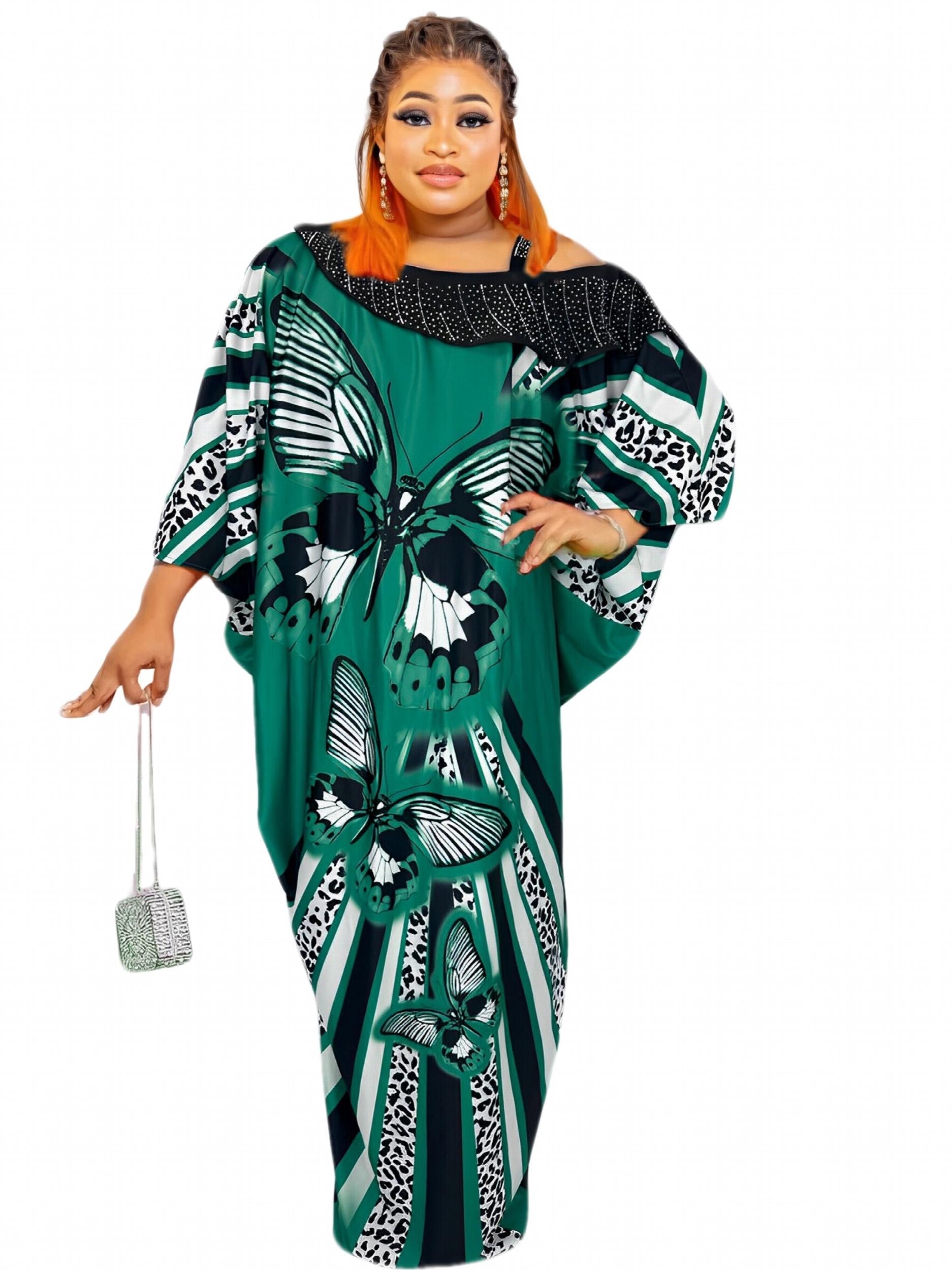  Kaftan Dress Women's Plus Butterfly & Leopard Print One Shoulder Batwi