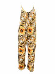  Sunflower & Leopard Print V Neck Wide Leg Cami Jumpsuit With Pockets