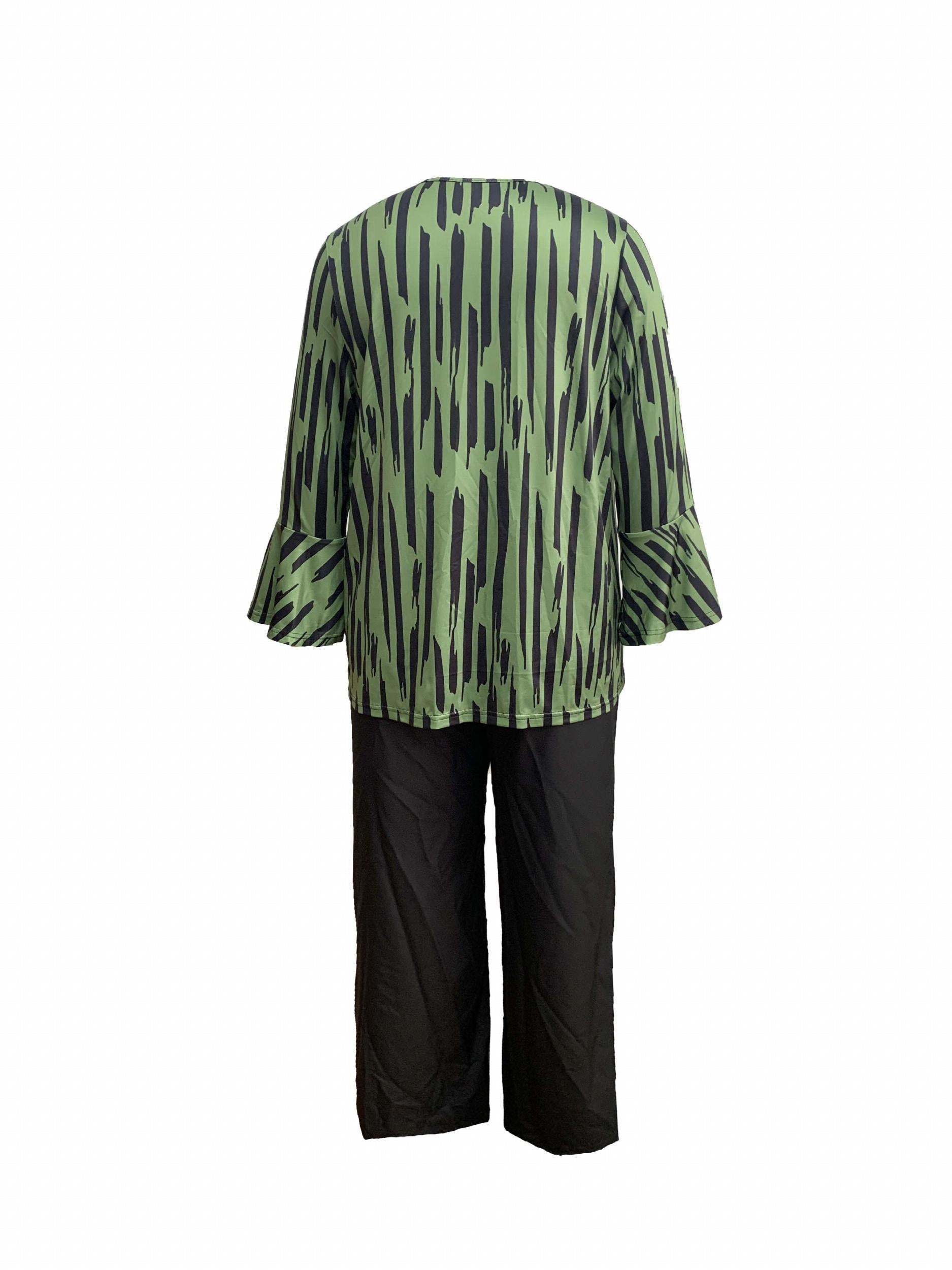 Women's Plus Striped Print Bell Sleeve Top & Wide Leg Pants Outfit Set