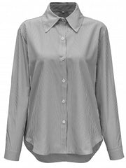  Stripe Print Button Up Roll Up Sleeve Blouse