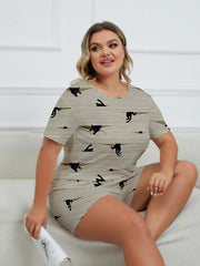  Cat & Stripe Print Pajama Set Round Neck Top & Shorts Two Piece