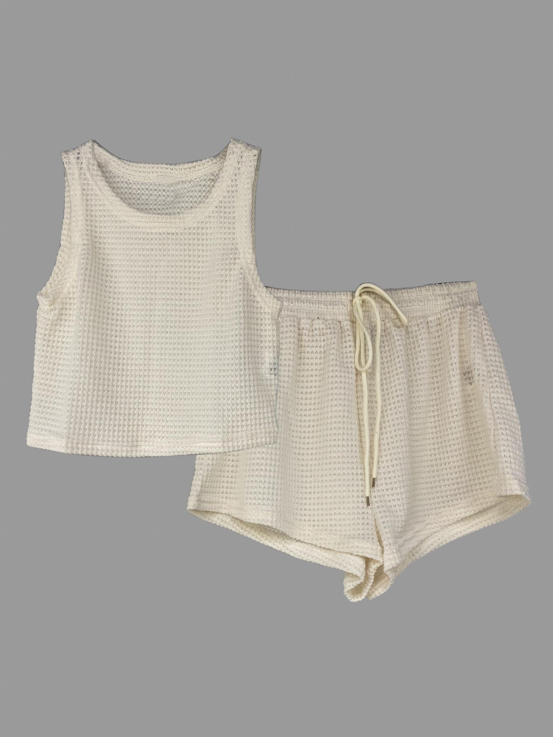 Waffle Two Piece Set Crew Neck Sleeveless Tank Top & Drawstring Shorts