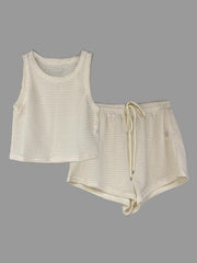 Waffle Two Piece Set Crew Neck Sleeveless Tank Top & Drawstring Shorts