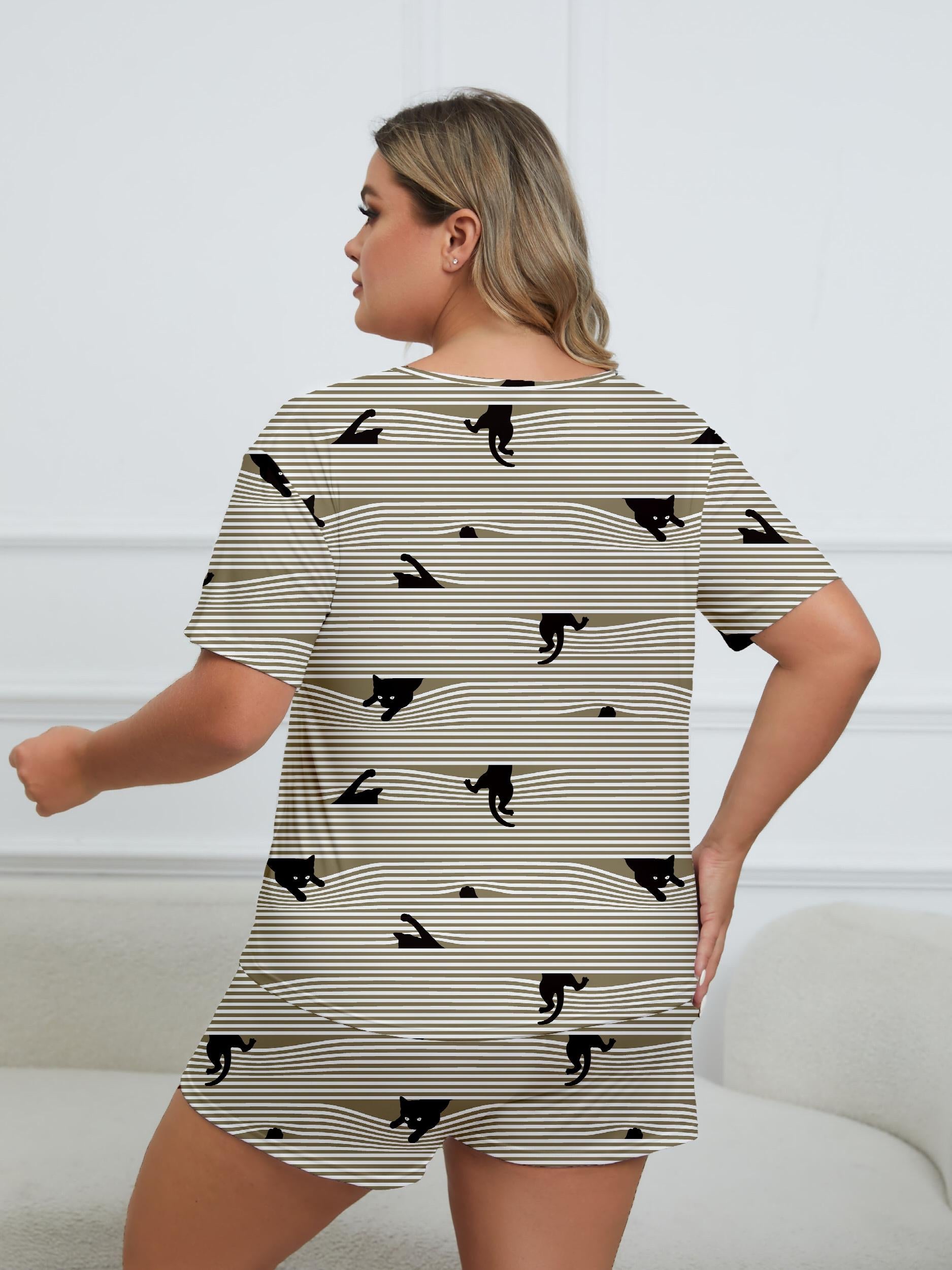  Cat & Stripe Print Pajama Set Round Neck Top & Shorts Two Piece