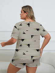  Cat & Stripe Print Pajama Set Round Neck Top & Shorts Two Piece