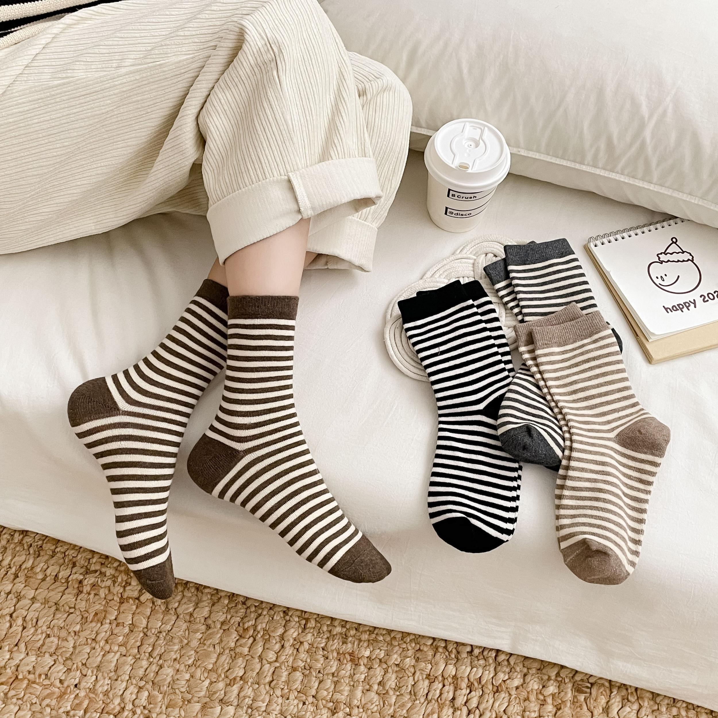 4 Pairs Striped Crew Socks for Women All Match Stockings