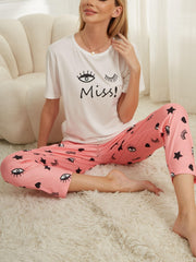 Letter Print Pajama Set Crew Neck Top & Print Lounge Pants Women's Sleepwear
