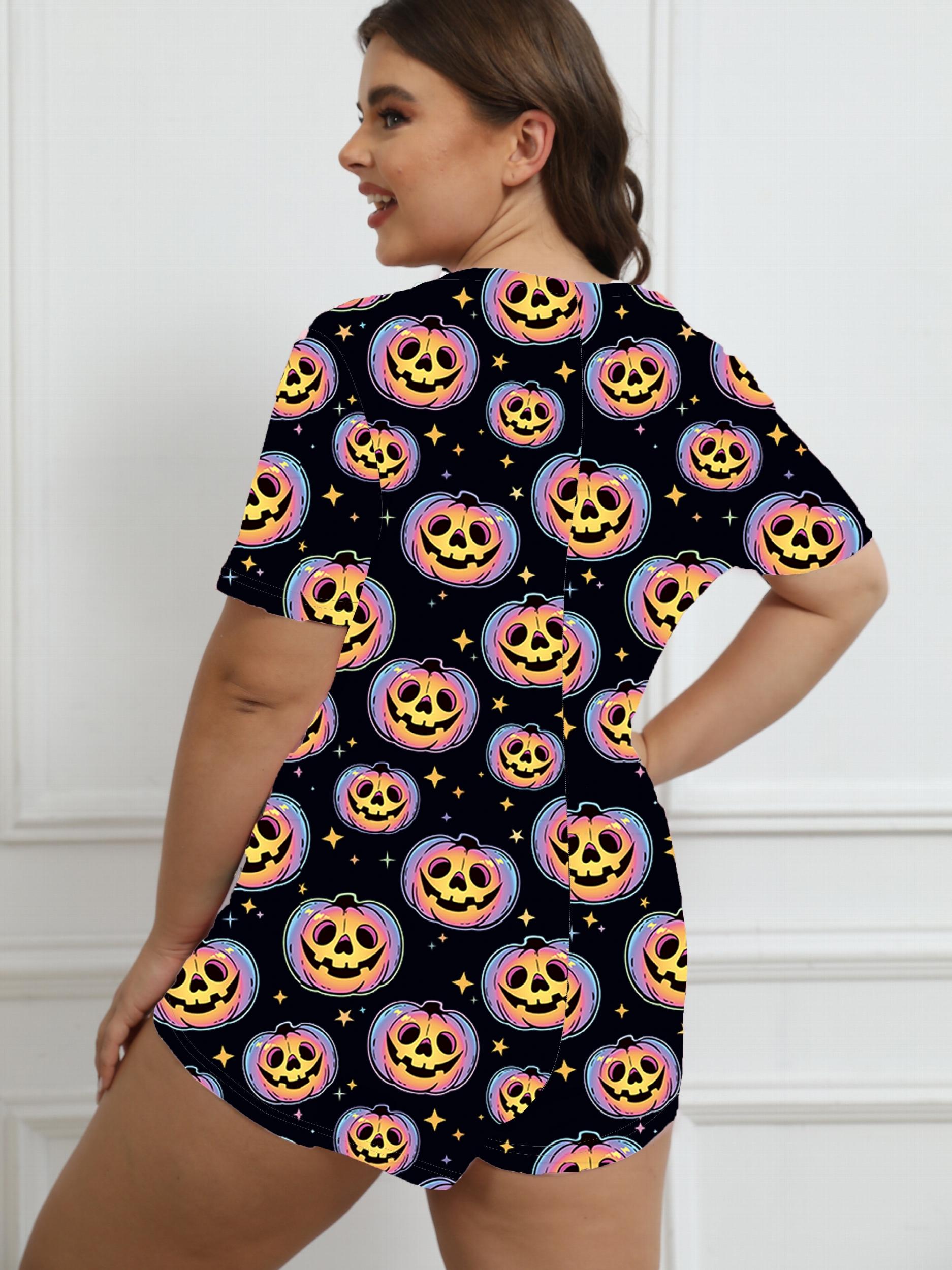  Halloween Pumpkin Print Short Sleeve Lounge Romper