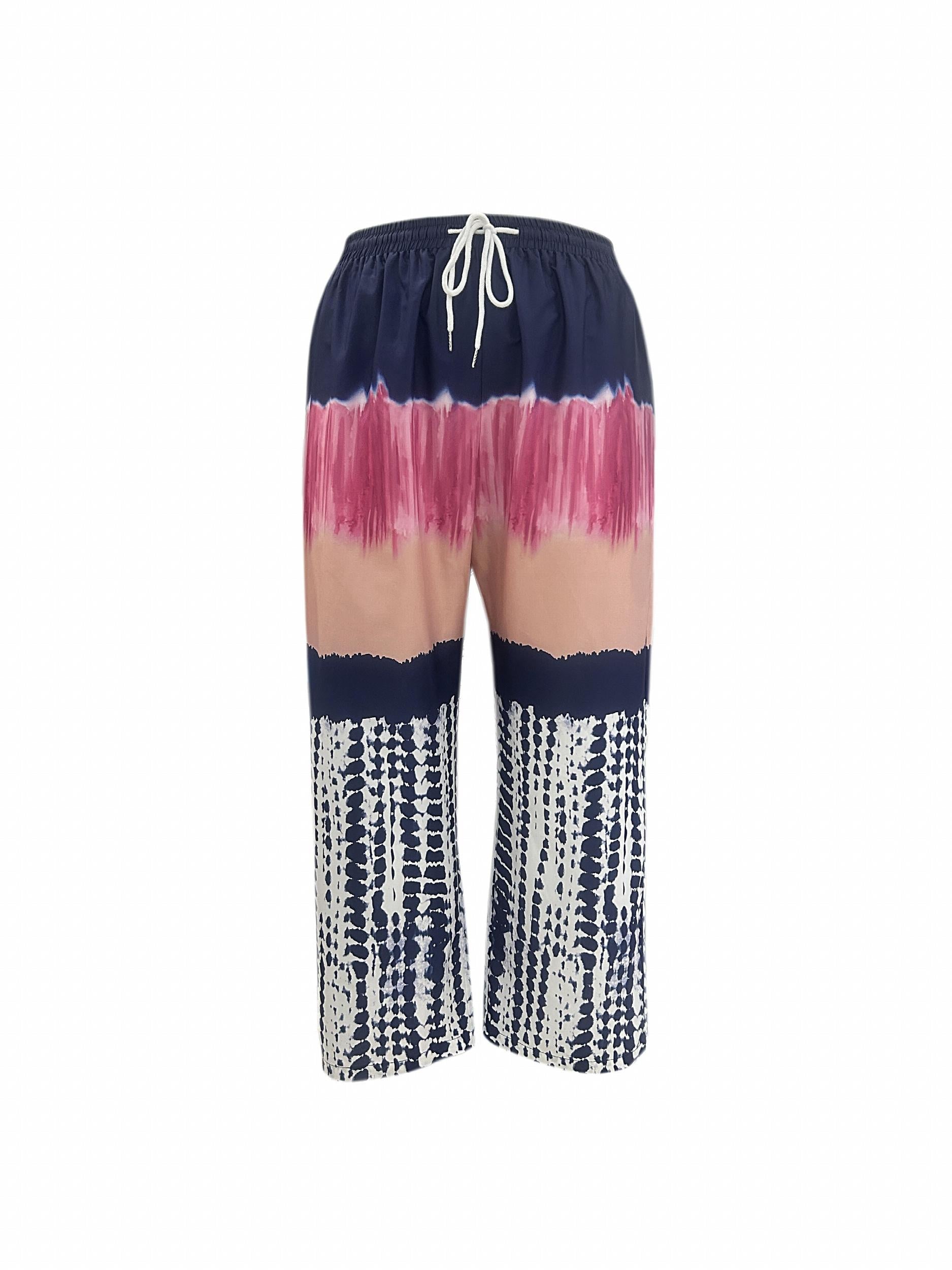 Women's Plus Colorblock Tie Dye Wide Leg Drawstring Pants